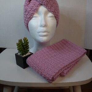 Hand Crocheted Pink Headband and Scarf Set